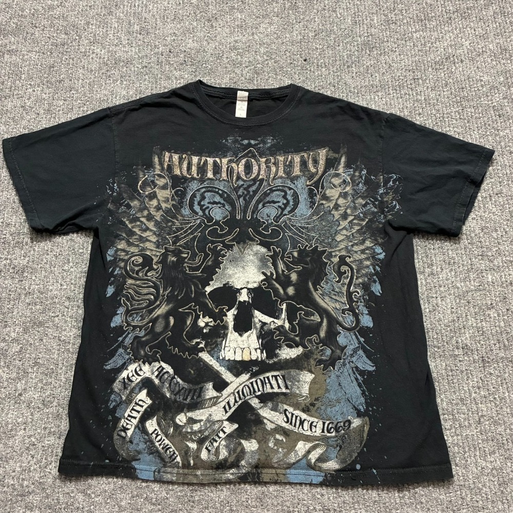 Authority Skull Graphic Mens T-Shirt Size Large Black Ring Spun Short Sleeve